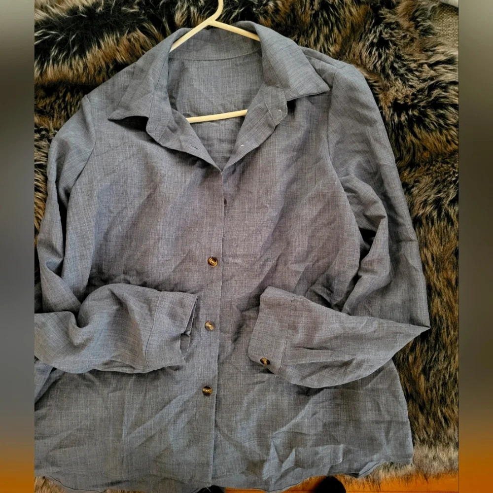 Women's Blue Button-Up Blouse - Picture 3 of 3